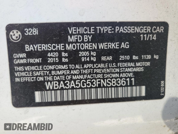 2015 BMW 3 Series 328i with VIN WBA3A5G53FNS83611, listed as a Copart auction lot 52117425 with 164,675 mi miles and Salvage Title. Bid and sale history available at carsss.com. Image 12.