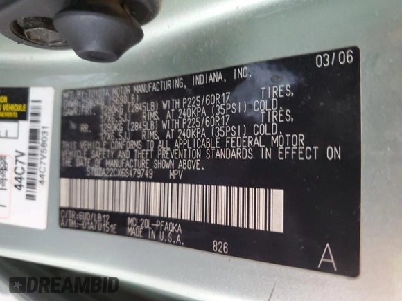 2006 Toyota Sienna XLE with VIN 5TDZA22CX6S479749, listed as a Copart auction lot 51876715 with 129,488 mi miles and Salvage Title. Bid and sale history available at carsss.com. Image 13.