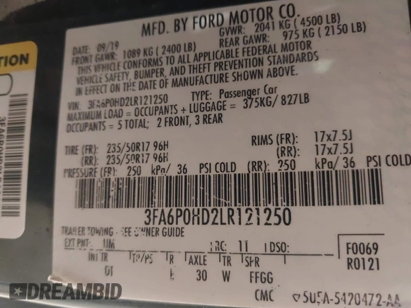 2020 Ford Fusion SE z VIN 3FA6P0HD2LR121250, wystawiony jako IAAI lot #42200163 z przebiegiem 161 111 mil mil oraz . Historia ofert i sprzedaży dostępna na DreamBid. Obrazek 9.