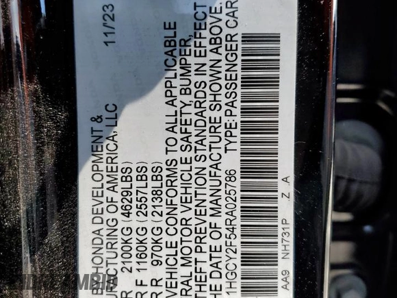 2024 Honda Accord Sport с VIN 1HGCY2F54RA025786, выставлен на аукционе Copart как лот 57881195 с пробегом 29 593 миль миль и Списание • Salvage title. История ставок и продаж доступна на DreamBid. Изображение 12.