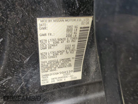 2016 Nissan Titan SL z VIN 1N6BA1F22GN504550, wystawiony jako Copart lot #56616955 z przebiegiem 176 020 mil mil oraz Szkoda całkowita • Salvage title. Historia ofert i sprzedaży dostępna na DreamBid. Obrazek 13.