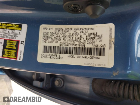 2013 Toyota Corolla L with VIN 5YFBU4EE5DP210100, listed as a IAAI auction lot 40178941 with 103,000 mi miles and . Bid and sale history available at DreamBid. Image 9.