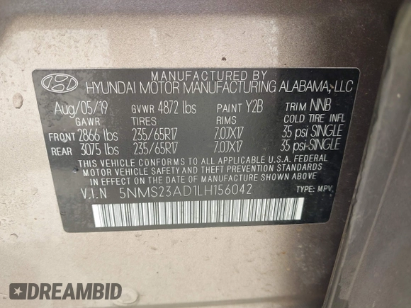 2020 Hyundai Santa Fe SE с VIN 5NMS23AD1LH156042, выставлен на аукционе IAAI как лот 42573916 с пробегом 149 036 миль миль и . История ставок и продаж доступна на DreamBid. Изображение 9.