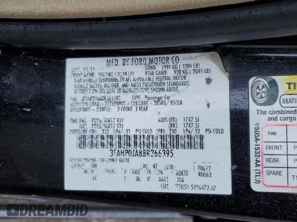 2011 Ford Fusion SEL with VIN 3FAHP0JA8BR266395, listed as a Copart auction lot 52387085 with 137,930 mi miles and Salvage Title. Bid and sale history available at carsss.com. Image 13.
