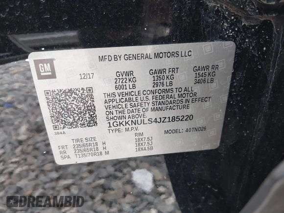 2018 GMC Acadia SLT with VIN 1GKKNULS4JZ185220, listed as a IAAI auction lot 41371546 with Not provided miles and . Bid and sale history available at DreamBid. Image 9.