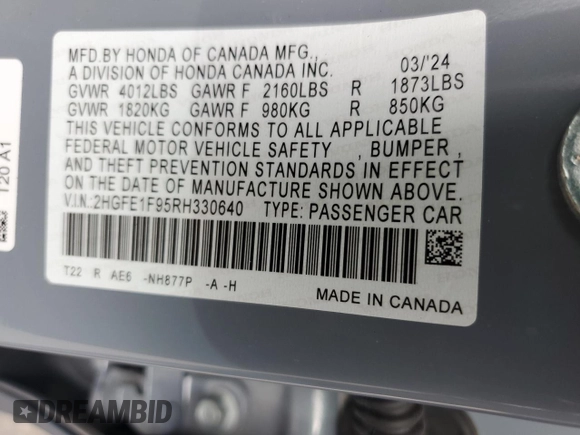 2024 Honda Civic Sedan Touring with VIN 2HGFE1F95RH330640, listed as a Copart auction lot 88549575 with 10,108 mi miles and Salvage Title. Bid and sale history available at carsss.com. Image 14.