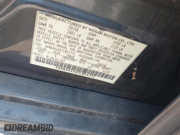 2007 Nissan Maxima SL with VIN 1N4BA41E67C821772, listed as a IAAI auction lot 41942864 with Not Provided miles and . Bid and sale history available at DreamBid. Image 9.