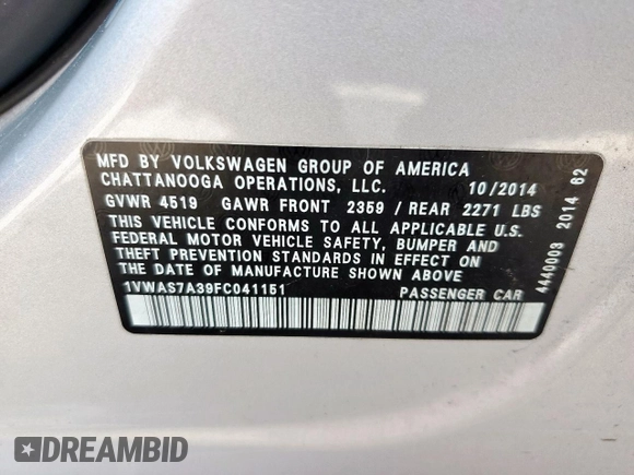 2015 Volkswagen Passat Limited Edition with VIN 1VWAS7A39FC041151, listed as a Copart auction lot 64945675 with 104,591 mi miles and Clean title. Bid and sale history available at DreamBid. Image 12.