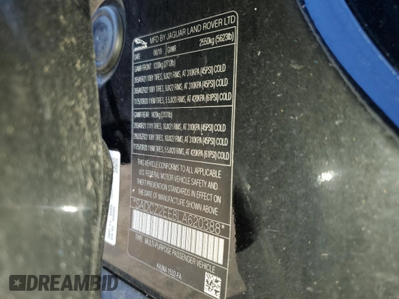 2020 Jaguar F-Pace SVR with VIN SADCZ2EE8LA620388, listed as a Copart auction lot 65522375 with 92,807 mi miles and Salvage title. Bid and sale history available at DreamBid. Image 14.