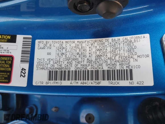 2008 Toyota Tacoma with VIN 3TMMU52N88M005869, listed as a IAAI auction lot 41472831 with 49,064 mi miles and . Bid and sale history available at DreamBid. Image 9.