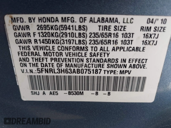 2010 Honda Odyssey EX-L with VIN 5FNRL3H63AB075187, listed as a IAAI auction lot 42114126 with 131,272 mi miles. Bid and sale history available at carsss.com. Image 9.