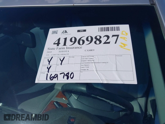 2010 Toyota Camry with VIN 4T4BF3EK1AR046399, listed as a IAAI auction lot 41969827 with 169,780 mi miles and . Bid and sale history available at DreamBid. Image 17.