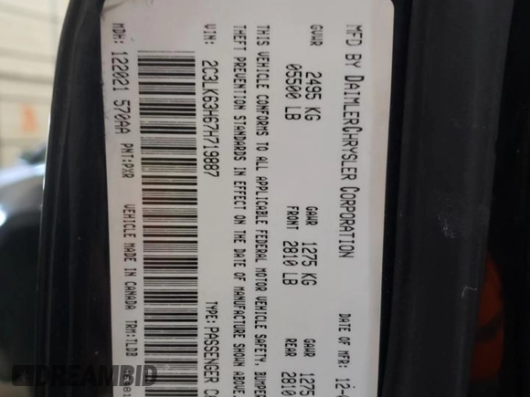 2007 Chrysler 300 C with VIN 2C3LK63H67H719887, listed as a Copart auction lot 46156935 with 191,382 mi miles and Salvage Title. Bid and sale history available at DreamBid. Image 13.