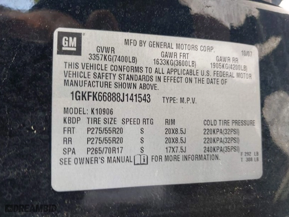 2008 GMC Yukon XL Denali with VIN 1GKFK66888J141543, listed as a IAAI auction lot 41998054 with 253,957 mi miles. Bid and sale history available at carsss.com. Image 9.