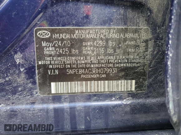 2011 Hyundai Sonata GLS z VIN 5NPEB4AC3BH079931, wystawiony jako Copart lot #49414425 z przebiegiem 186 518 mil mil oraz Szkoda całkowita • Salvage title. Historia ofert i sprzedaży dostępna na DreamBid. Obrazek 14.