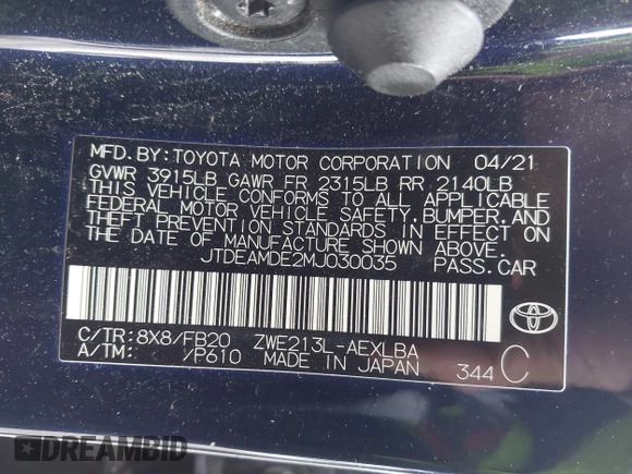2021 Toyota Corolla Hybrid LE with VIN JTDEAMDE2MJ030035, listed as a IAAI auction lot 41644662 with 130,693 mi miles. Bid and sale history available at carsss.com. Image 9.