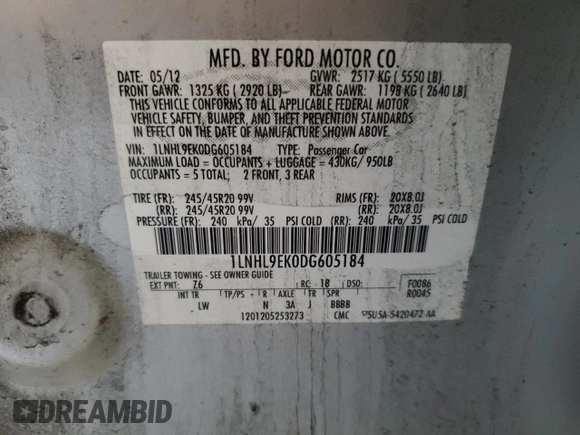 2013 Lincoln MKS z VIN 1LNHL9EK0DG605184, wystawiony jako Copart lot #51914305 z przebiegiem 173 117 mil mil oraz Szkoda całkowita • Salvage title. Historia ofert i sprzedaży dostępna na DreamBid. Obrazek 12.