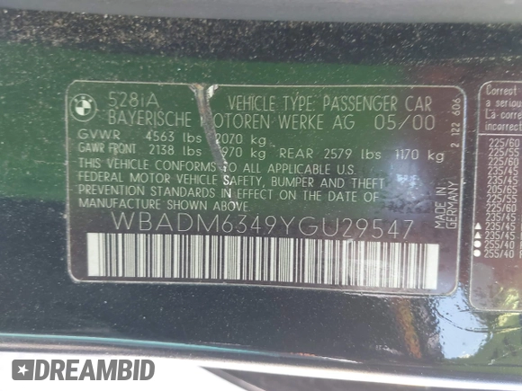 2000 BMW 5 Series 528i with VIN WBADM6349YGU29547, listed as a IAAI auction lot 42138468 with 207,469 mi miles and . Bid and sale history available at DreamBid. Image 9.