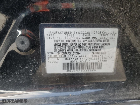2014 Nissan Versa SV with VIN 3N1CN7AP5EL812894, listed as a Copart auction lot 45648915 with 95,522 mi miles and Salvage Title. Bid and sale history available at carsss.com. Image 12.