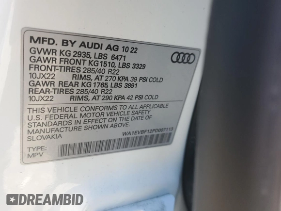 2023 Audi Q8 Premium Plus with VIN WA1EVBF12PD007113, listed as a Copart auction lot 67787744 with 20,482 mi miles and Salvage title. Bid and sale history available at DreamBid. Image 13.