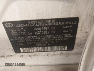 2012 Hyundai Sonata SE with VIN 5NPEC4AB4CH465697, listed as a IAAI auction lot 41955482 with 169,031 mi miles and . Bid and sale history available at DreamBid. Image 9.