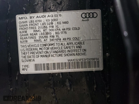 2015 Audi Q7 3.0T Premium with VIN WA1CGAFE3FD019834, listed as a Copart auction lot 83068494 with 89,641 mi miles and Salvage Title. Bid and sale history available at carsss.com. Image 13.