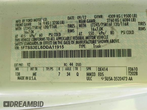 2013 Ford Econoline Cargo Commercial with VIN 1FTSS3EL6DDA11915, listed as a IAAI auction lot 42404089 with 332,717 mi miles and . Bid and sale history available at DreamBid. Image 9.