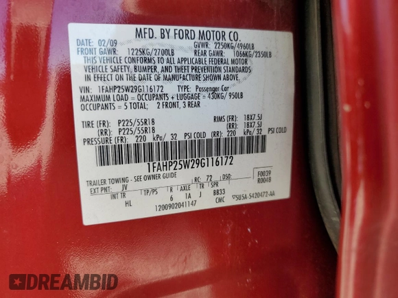 2009 Ford Taurus Limited with VIN 1FAHP25W29G116172, listed as a Copart auction lot 61745414 with 165,206 mi miles and Non Repairable. Bid and sale history available at carsss.com. Image 12.