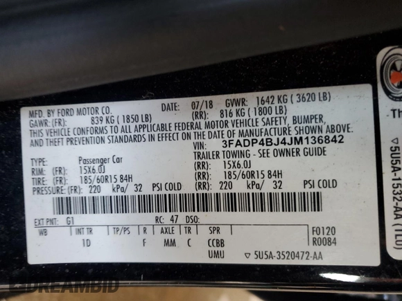 2018 Ford Fiesta SE with VIN 3FADP4BJ4JM136842, listed as a Copart auction lot 49873325 with 109,072 mi miles and Clean Title. Bid and sale history available at carsss.com. Image 13.