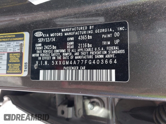 2015 Kia Optima LX with VIN 5XXGM4A77FG403664, listed as a IAAI auction lot 42471658 with 76,352 mi miles and . Bid and sale history available at DreamBid. Image 9.