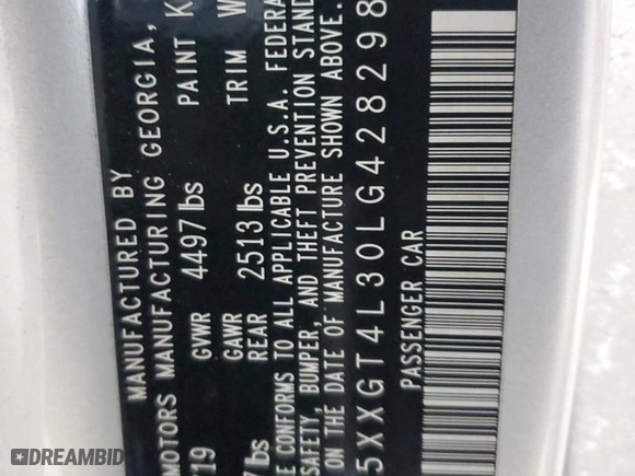 2020 Kia Optima LX with VIN 5XXGT4L30LG428298, listed as a Copart auction lot 43160805 with 85,368 mi miles and Salvage Title. Bid and sale history available at carsss.com. Image 14.