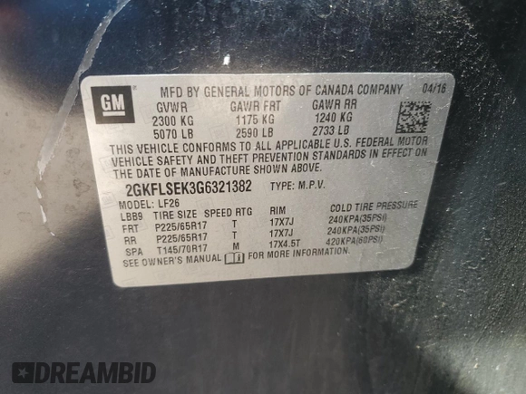 2016 GMC Terrain SLE with VIN 2GKFLSEK3G6321382, listed as a Copart auction lot 51226885 with 189,732 mi miles and Clean Title. Bid and sale history available at DreamBid. Image 13.