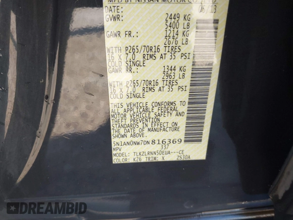 2013 Nissan Xterra S z VIN 5N1AN0NW7DN816369, wystawiony jako IAAI lot #42296551 z przebiegiem 150 551 mil mil oraz . Historia ofert i sprzedaży dostępna na DreamBid. Obrazek 9.