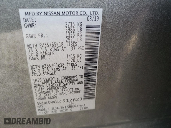 2020 Infiniti QX60 Luxe with VIN 5N1DL0MN1LC512623, listed as a Copart auction lot 57909145 with 35,243 mi miles and Salvage title. Bid and sale history available at DreamBid. Image 14.