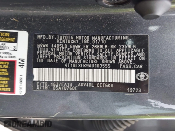 2010 Toyota Camry with VIN 4T1BF3EK9AU103555, listed as a IAAI auction lot 42293690 with 223,058 mi miles and . Bid and sale history available at DreamBid. Image 9.
