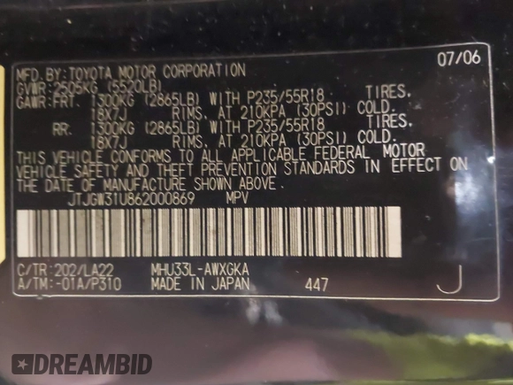 2006 Lexus RX 400h с VIN JTJGW31U862000869, выставлен на аукционе IAAI как лот 42620539 с пробегом 225 742 миль миль и . История ставок и продаж доступна на DreamBid. Изображение 9.