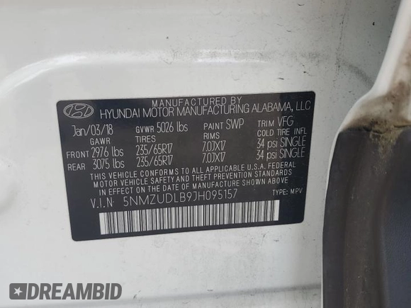 2018 Hyundai Santa Fe 2.4L z VIN 5NMZUDLB9JH095157, wystawiony jako Copart lot #53546725 z przebiegiem 128 840 mil mil oraz Szkoda całkowita • Salvage title. Historia ofert i sprzedaży dostępna na DreamBid. Obrazek 12.
