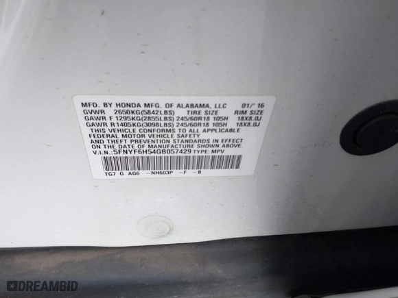 2016 Honda Pilot EX-L with VIN 5FNYF6H54GB057429, listed as a IAAI auction lot 41469310 with 107,288 mi miles. Bid and sale history available at carsss.com. Image 9.