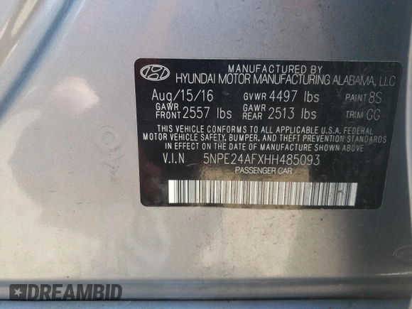 2017 Hyundai Sonata 2.4L with VIN 5NPE24AFXHH485093, listed as a Copart auction lot 50916775 with 182,458 mi miles and Salvage Title. Bid and sale history available at carsss.com. Image 12.