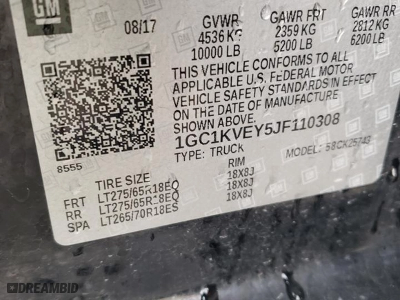 2018 Chevrolet Silverado 2500HD LT with VIN 1GC1KVEY5JF110308, listed as a Copart auction lot 48929465 with 120,503 mi miles and Non Repairable. Bid and sale history available at carsss.com. Image 12.