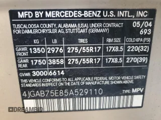 2005 Mercedes-Benz M 500 with VIN 4JGAB75E85A529110, listed as a Copart auction lot 80557034 with 130,560 mi miles and Salvage title. Bid and sale history available at DreamBid. Image 12.