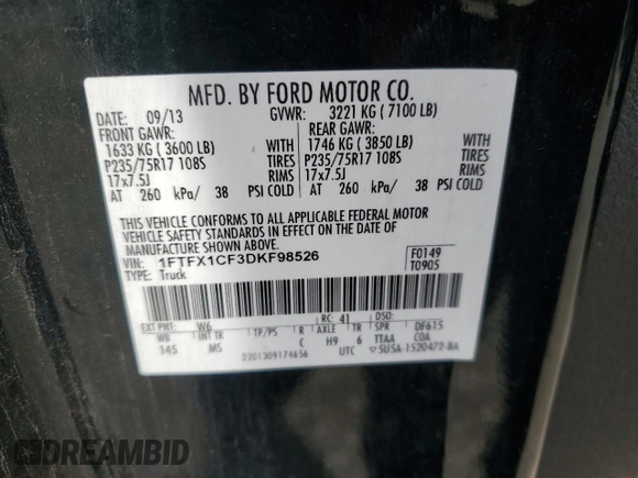 2013 Ford F-150 XL with VIN 1FTFX1CF3DKF98526, listed as a Copart auction lot 62521545 with 221,217 mi miles and Clean title. Bid and sale history available at DreamBid. Image 12.