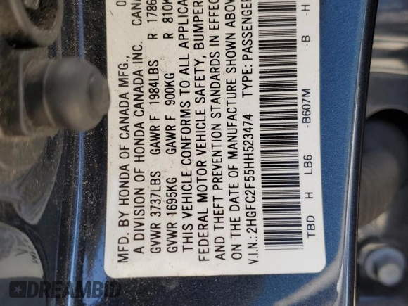 2017 Honda Civic LX z VIN 2HGFC2F55HH523474, wystawiony jako Copart lot #54933425 z przebiegiem 133 036 mil mil oraz Szkoda całkowita • Salvage title. Historia ofert i sprzedaży dostępna na DreamBid. Obrazek 12.