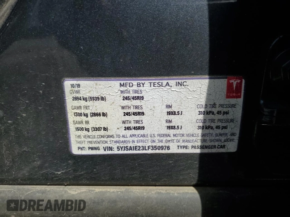 2020 Tesla Model S Long Range с VIN 5YJSA1E23LF350976, выставлен на аукционе Copart как лот 52536265 с пробегом 68 072 миль миль и Списание • Salvage title. История ставок и продаж доступна на DreamBid. Изображение 13.