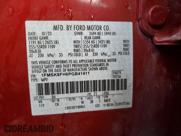2023 Ford Explorer Limited with VIN 1FMSK8FH6PGB41411, listed as a Copart auction lot 53664475 with 40,062 mi miles and Salvage title. Bid and sale history available at DreamBid. Image 14.