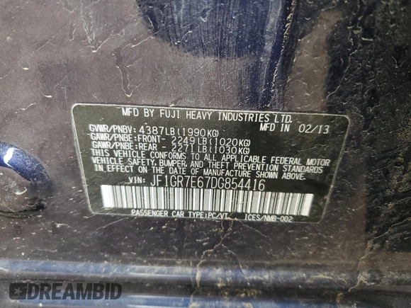2013 Subaru WRX WRX with VIN JF1GR7E67DG854416, listed as a Copart auction lot 51514375 with Not provided miles and Salvage title. Bid and sale history available at DreamBid. Image 13.