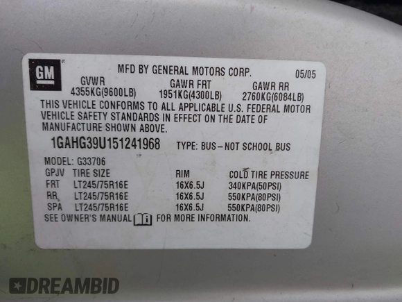 2005 Chevrolet Express Passenger with VIN 1GAHG39U151241968, listed as a IAAI auction lot 41281430 with 148,748 mi miles and . Bid and sale history available at DreamBid. Image 9.