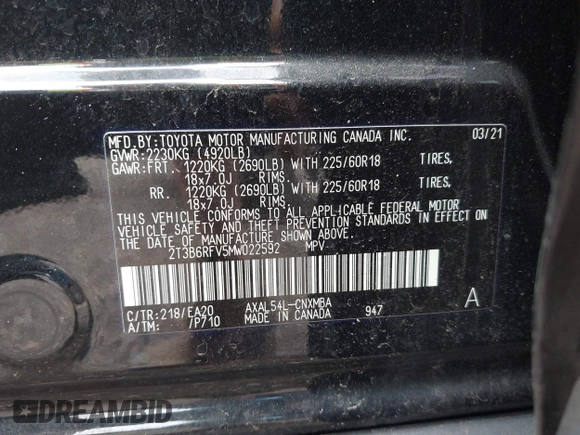 2021 Toyota RAV4 Hybrid LE with VIN 2T3B6RFV5MW022592, listed as a IAAI auction lot 42573098 with 25,651 mi miles and . Bid and sale history available at DreamBid. Image 9.