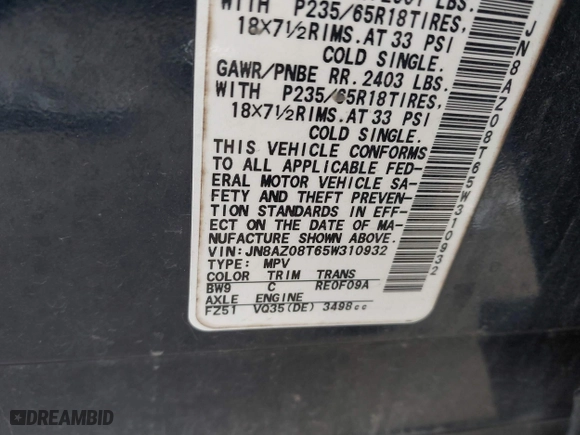 2005 Nissan Murano SL with VIN JN8AZ08T65W310932, listed as a IAAI auction lot 41516168 with 162,506 mi miles. Bid and sale history available at carsss.com. Image 9.