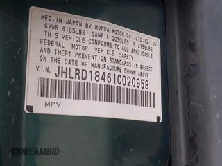 2001 Honda CR-V LX z VIN JHLRD18461C020958, wystawiony jako IAAI lot #42373553 z przebiegiem 195 086 mil mil oraz . Historia ofert i sprzedaży dostępna na DreamBid. Obrazek 9.